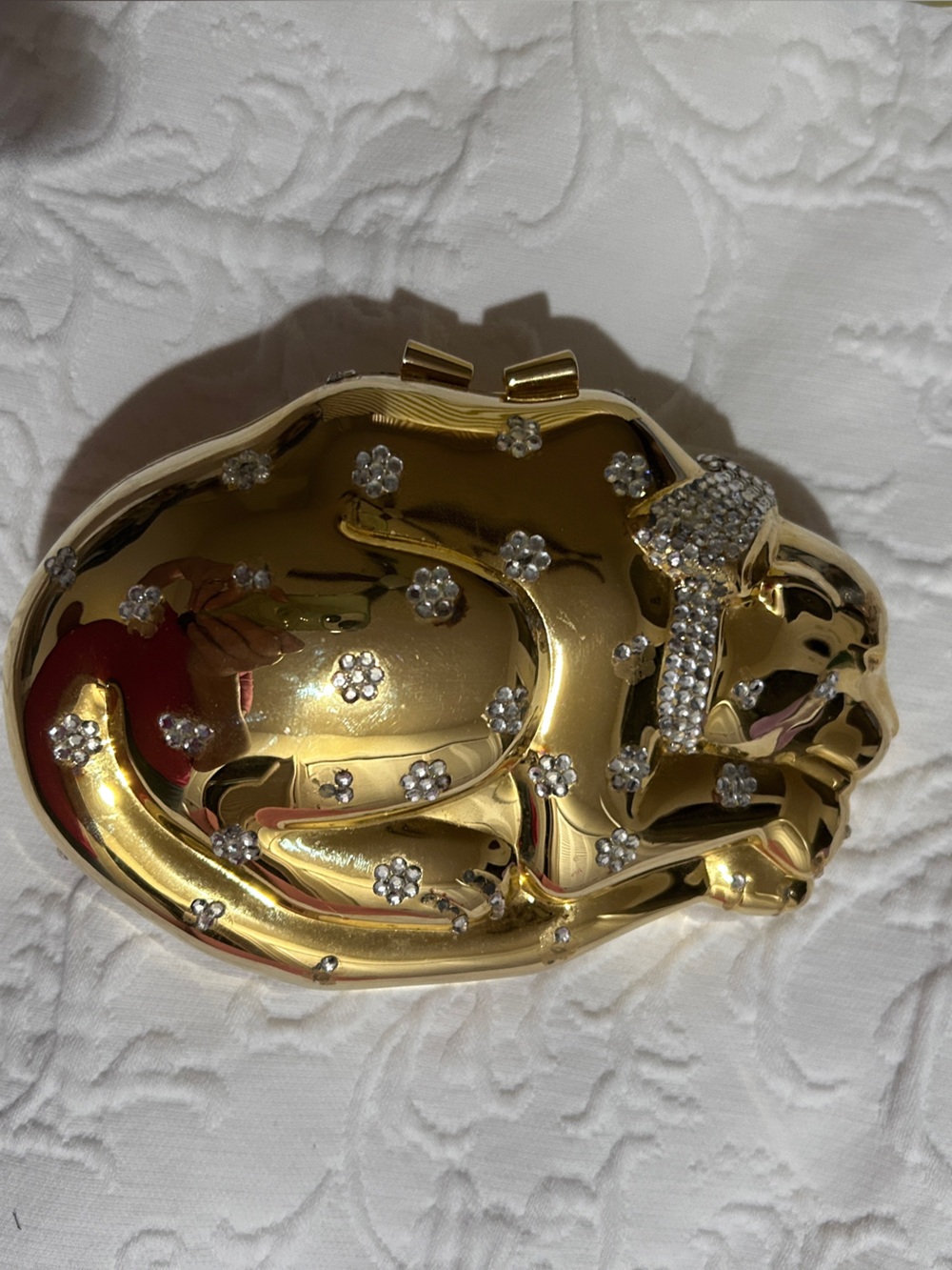 VINTAGE Gold Crystal-Embellished Feline Evening Clutch Purse Bag w/ Chain